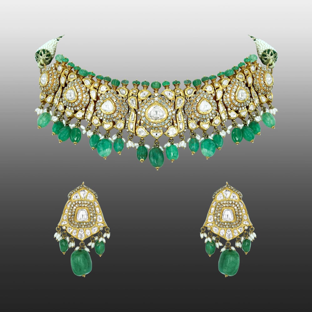 Victorian Rose-Cut Diamond Choker Set with Emerald Beads